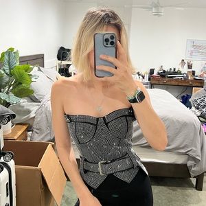 NEW WITH TAGS BLACK STRAPLESS RHINESTONE SPARKLY BUSTIER CORSET TOP SZ SMALL